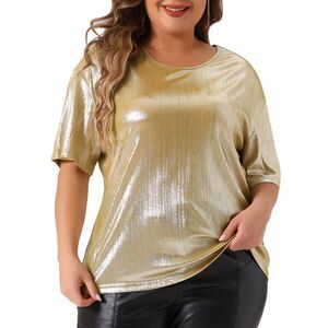 Plus Size Blouse Metallic Round Neck Short Sleeve Party Tee Top Champagne
